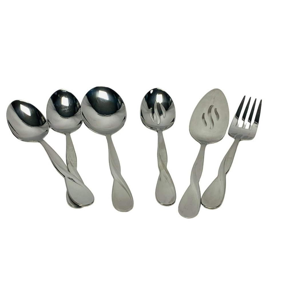 Onedia 6 Piece Serving Set Satin Aquaris Silver Spoon Fork Pie Server